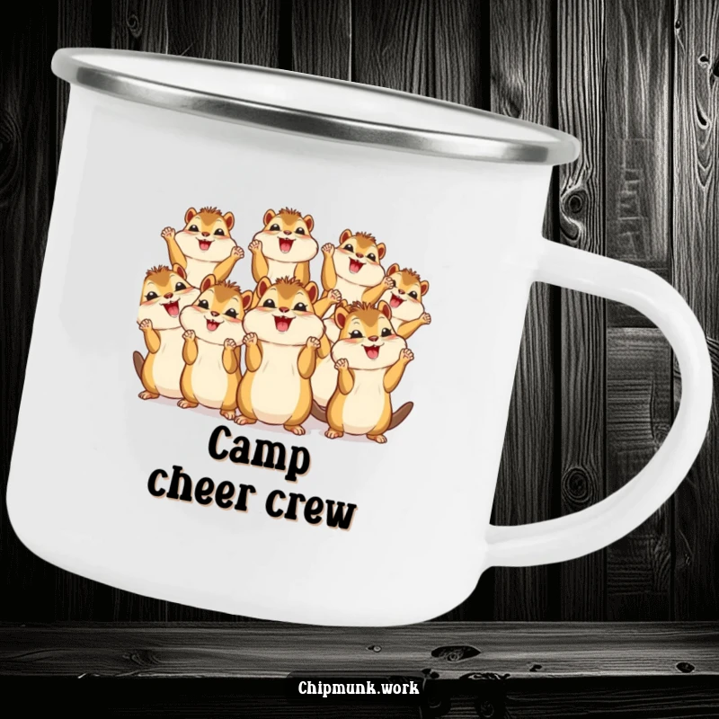 Funny camping mug with a group of kawaii chipmunks joyfully cheering with tiny paws in the air, perfect for outdoor enjoyment.