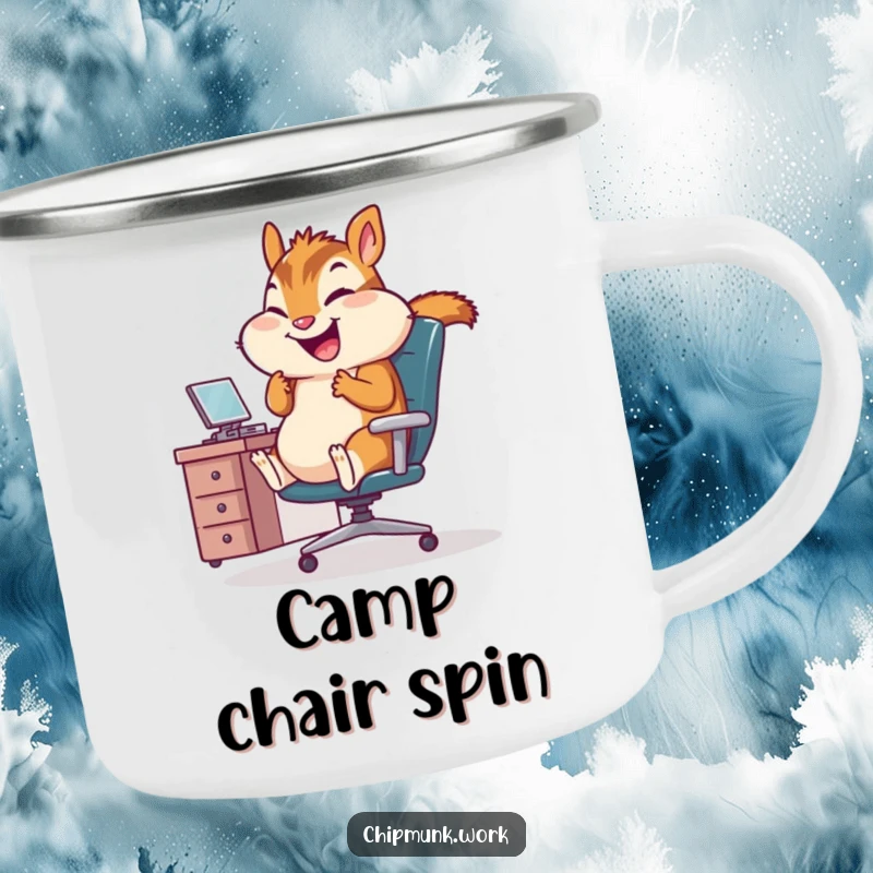 Funny Office Chipmunk Camping Mug: Durable mug with a giggling chipmunk spinning in an office chair, celebrating work breaks and fun.