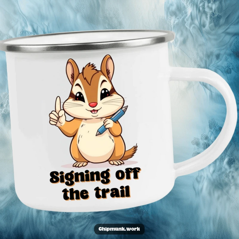 Funny peace sign chipmunk camping mug with a chipmunk holding a pen jauntily, perfect funny gift.