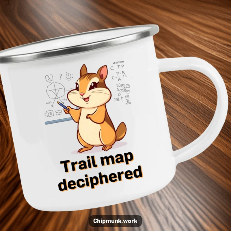 Funny chipmunk camping mug, enthusiastically pointing at a complex diagram on a whiteboard, inspiring smart adventures.