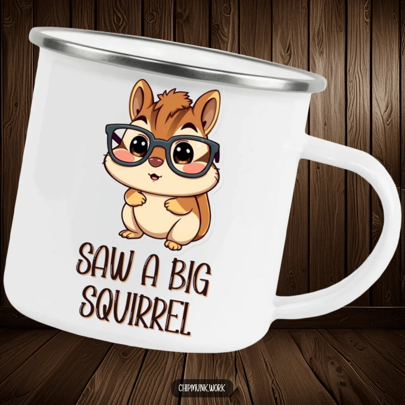 Funny chipmunk camping mug, character wearing large glasses, looking utterly surprised, ideal for outdoor enthusiasts needing humor.