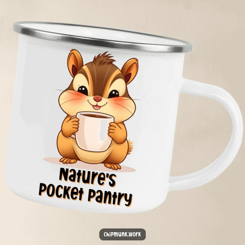 Funny camping mug featuring a smiling chipmunk with plump cheeks offering a tiny coffee cup. Durable and humorous for outdoor use.