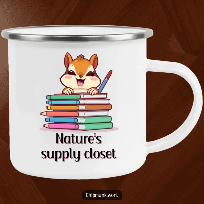 Funny chipmunk gleefully peeking from behind colorful office supplies, a durable humorous camping mug for a funny gift.