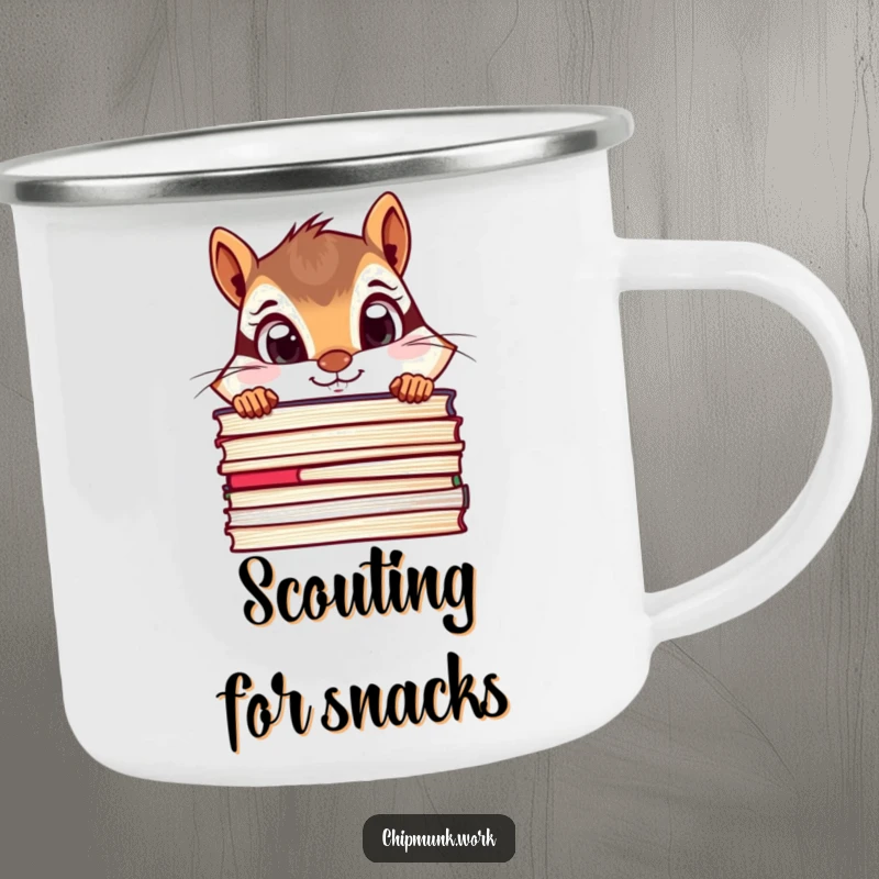 Funny chipmunk camping mug featuring a curious chipmunk peeking over a stack of files with wide eyes, durable.