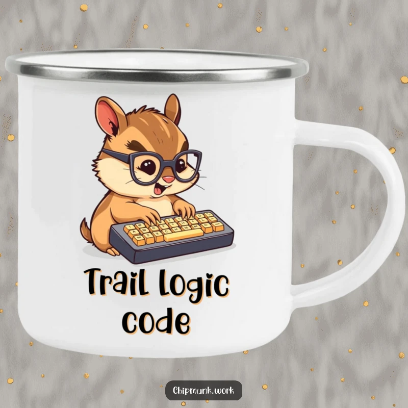 Funny camping mug with a chibi chipmunk in glasses typing furiously on a mini keyboard, ideal for outdoor work.