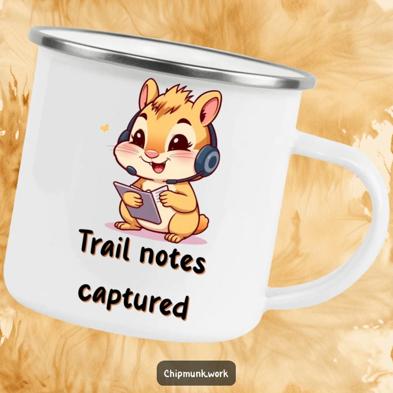 Funny chipmunk camping mug, character with a headset, diligently taking notes, ideal for outdoor enthusiasts needing humor.