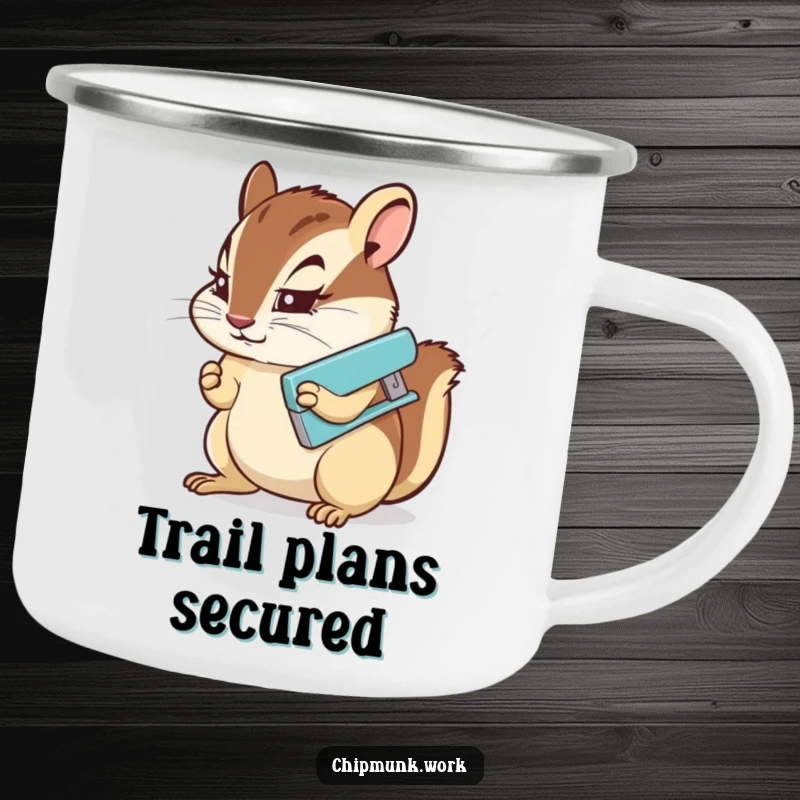 Funny Camping Mug: A chipmunk with a determined look using a miniature stapler, ready for any outdoor task.