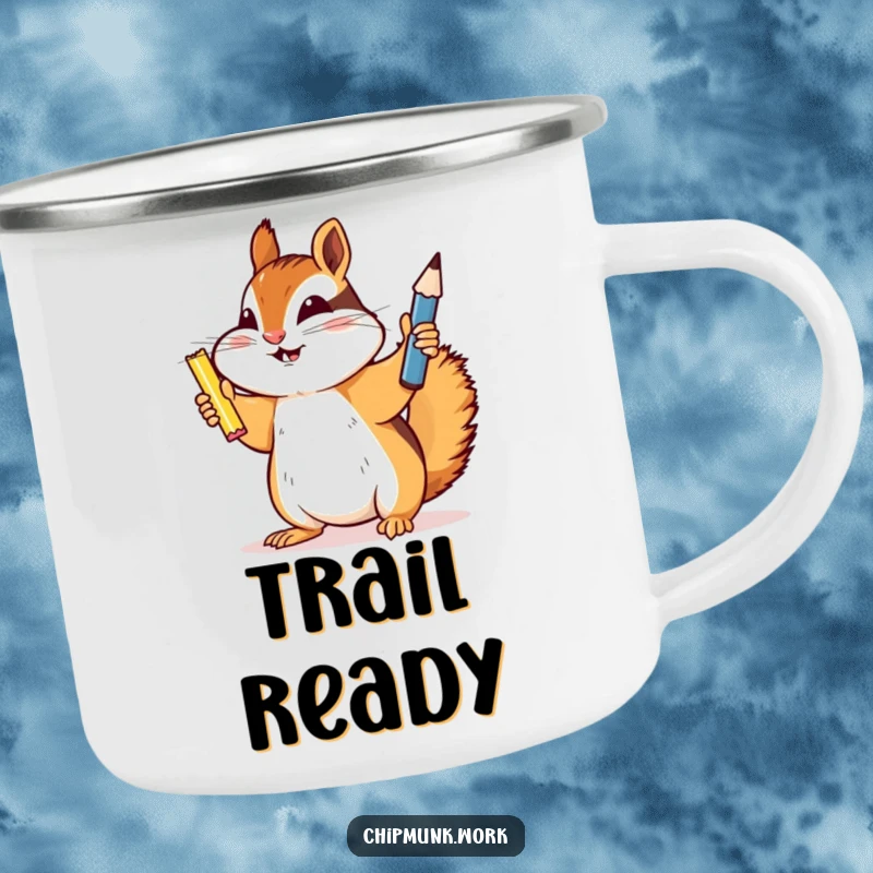 Funny chipmunk camping mug, a triumphant chipmunk proudly holding a newly sharpened pencil, designed for outdoor conquests and humor.