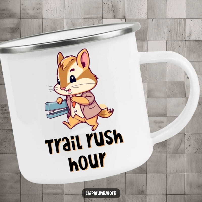 Funny chipmunk in a tiny suit zipping past a stapler, depicted on a durable camping mug for humorous outdoor use.