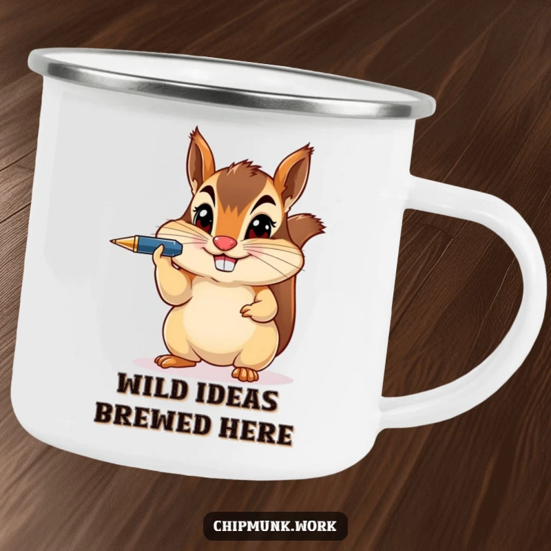 Funny chipmunk balancing a pen on its nose, featured on a rugged enamel camping mug for outdoor enthusiasts.
