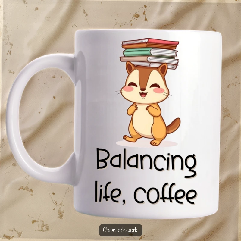 Funny, cheerful chipmunk waddling with a tall stack of papers precariously balanced on its head, a humorous scene.