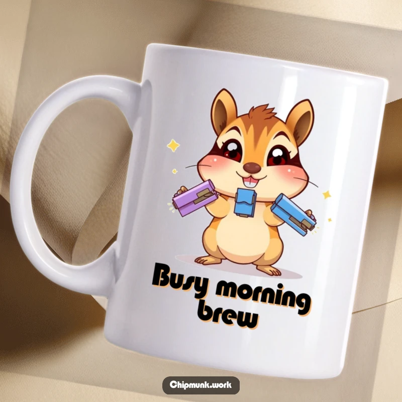 Funny chipmunk mug featuring an excited rodent expertly juggling three small staplers with wide, energetic eyes.