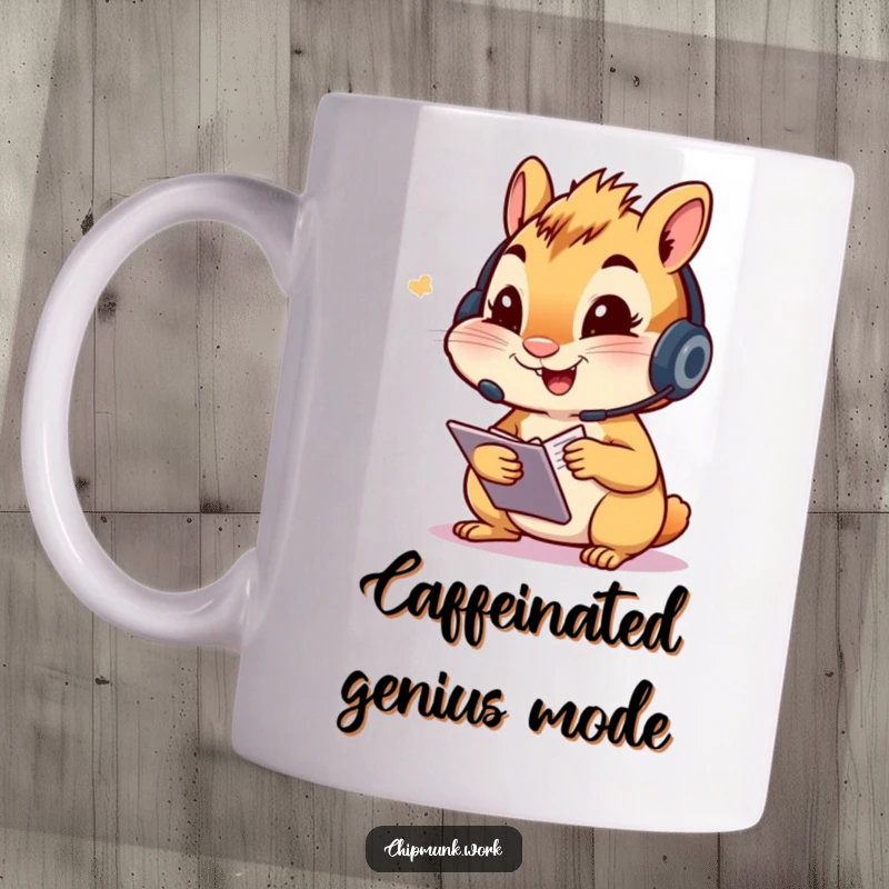 Funny chipmunk mug, busy character wearing a headset, excitedly taking notes with intense focus and determination.