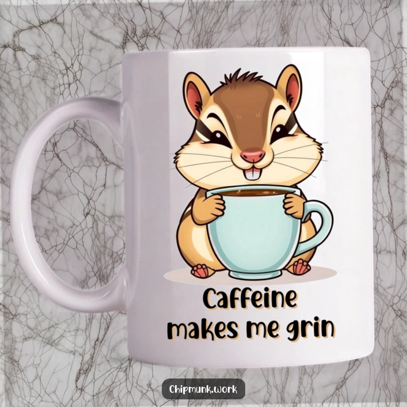 Funny mug with a chipmunk sporting a goofy smile while sipping from a tiny coffee cup, celebrating morning coffee.