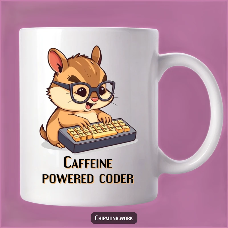 Funny Techie Chipmunk Mug: Chibi Rodent Typing Fast on Mini Keyboard