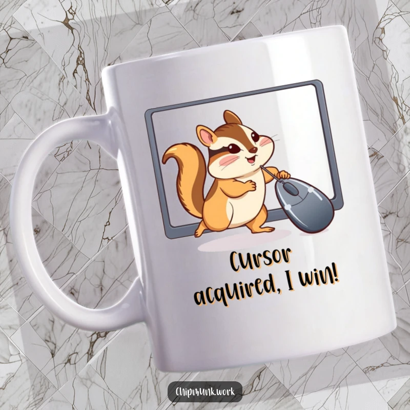 Funny Chipmunk Mug: Adorable chipmunk leaping playfully at a computer mouse cursor on a glowing screen, symbolizing tech obsession.