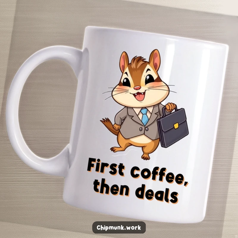 Funny Business Chipmunk Mug: a small chipmunk in a suit excitedly holding a briefcase, symbolizing ambition and humor, a great funny gift.