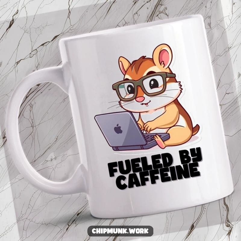 Funny chipmunk wearing oversized glasses, typing furiously on a tiny laptop, looking busy and focused.