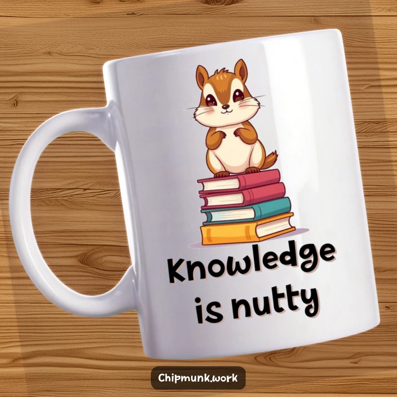 Funny Bookworm Chipmunk Mug: Cute chipmunk standing proudly on a stack of miniature books, symbolizing a love for reading and knowledge.