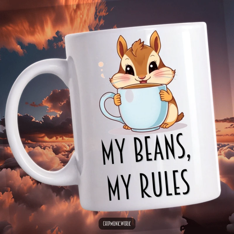 Funny chipmunk mug, eyes wide with joy as it happily sips steaming coffee, a perfect humorous gift.