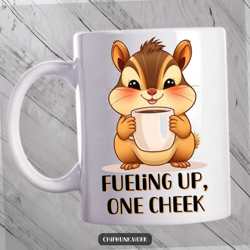Funny chipmunk character with plump cheeks and a happy smile offering a tiny coffee mug, expressing pure joy. Adorable and humorous.