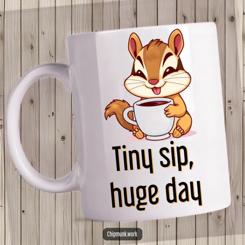 Funny chipmunk mug with a goofy smile, happily sipping from a miniature coffee cup, radiating morning joy and silliness.