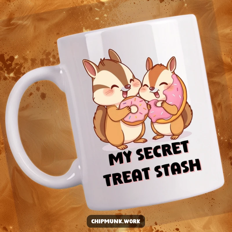 Funny chipmunk winking while sharing a donut with an invisible friend, depicting shared joy and playful conspiracy, ideal for a humorous gift.