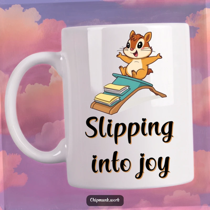 Funny chipmunk gleefully sliding down a ramp made of file folders, showcasing office humor and playful energy on this mug.