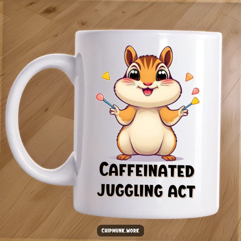 Funny Chipmunk Mug: Excited chipmunk juggling staplers with wide eyes, showcasing energetic office chaos, a funny gift.