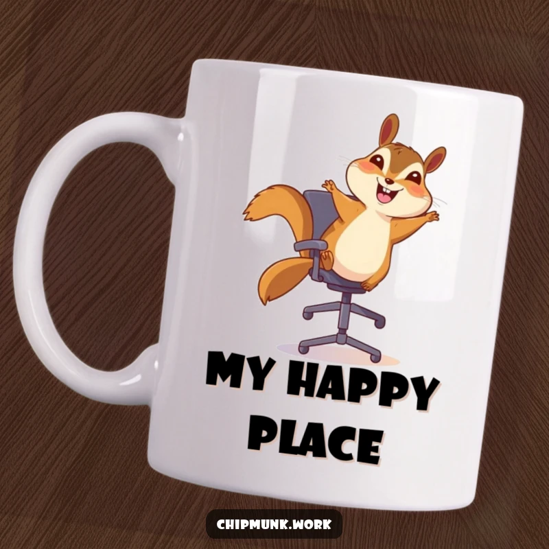 Funny chipmunk mug, happily bouncing on an office chair with a huge smile, embodying pure joy and office fun.