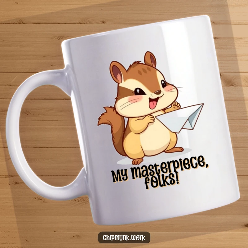 Funny chipmunk mug showing a chipmunk proudly presenting a crumpled paper airplane with enthusiastic pride.