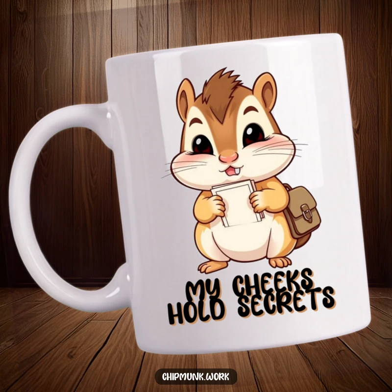 Funny mug showing a mischievous chipmunk with huge cheeks cramming papers into a small satchel, looking overloaded with work.