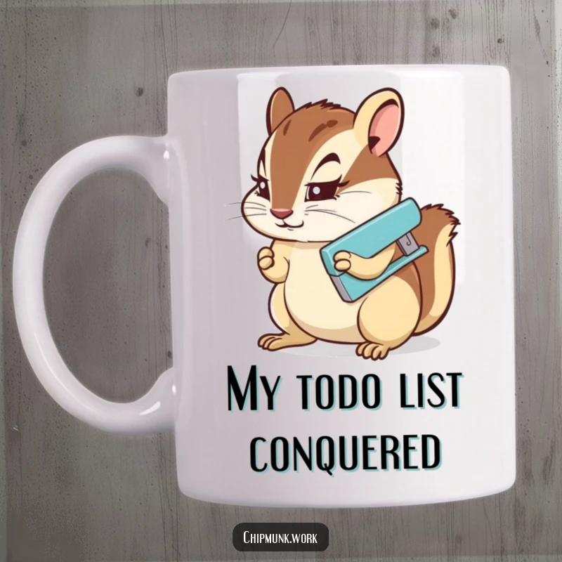 Funny Mug: A determined chipmunk intensely using a miniature stapler, focused on completing its tiny office tasks efficiently.