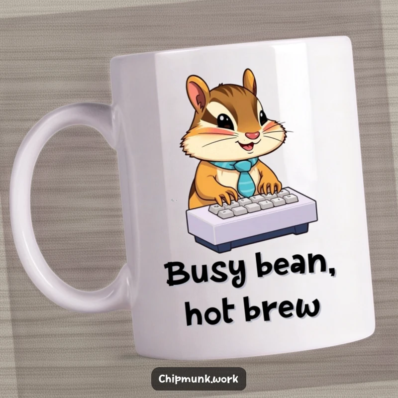 Funny chipmunk wearing a tiny tie, intensely focused while typing on a miniature keyboard, a humorous office scene.