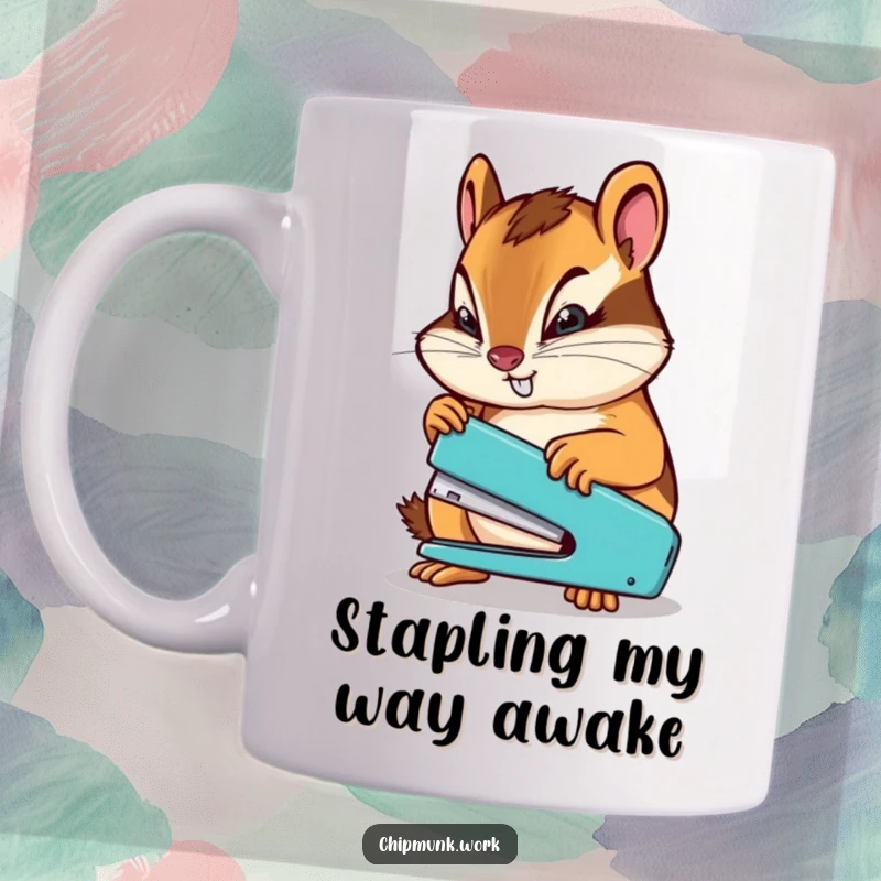 Funny chipmunk with a determined expression using a tiny stapler, symbolizing focus and task completion, a humorous mug.