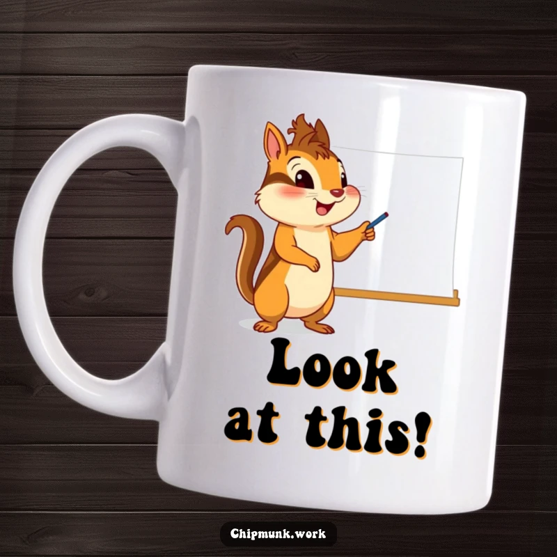 Funny chipmunk mug, enthusiastic character pointing excitedly at a whiteboard, full of energy and ready to explain.