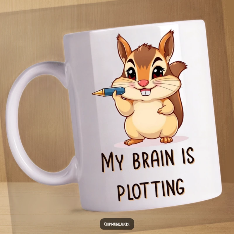 Funny chipmunk balancing a pen on its nose with a mischievous grin, perfect for a coffee mug gift.