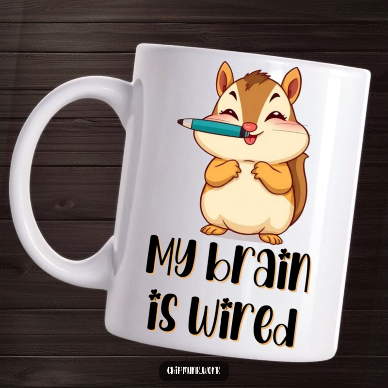 Funny mug with a chipmunk artistically balancing a pen on its nose, winking playfully, ideal for office humor gifts.