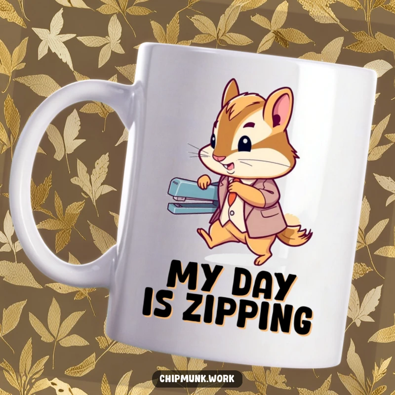 Funny tiny chipmunk wearing a sharp suit, zipping past a stapler at high speed, embodying a determined and humorous office spirit.