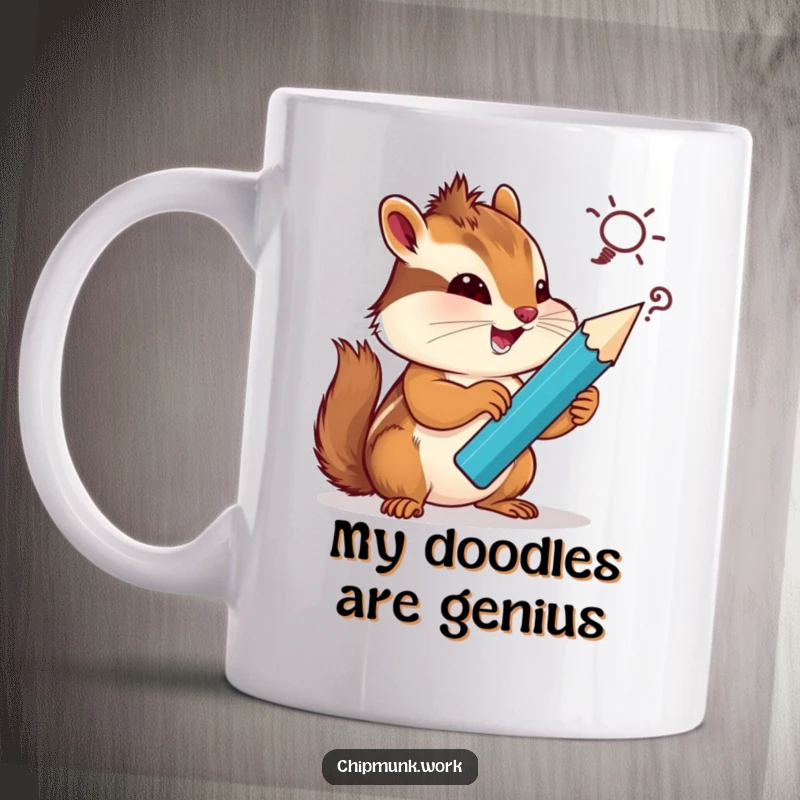 Funny chipmunk artist mug, holding a giant pencil, sketching a silly, creative idea with a determined yet happy look.