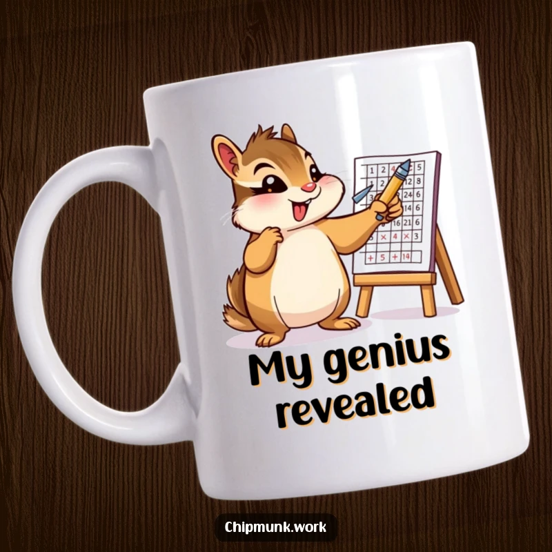 Funny mug with an enthusiastic chipmunk character pointing a pen towards a detailed chart. A humorous take on presentations.