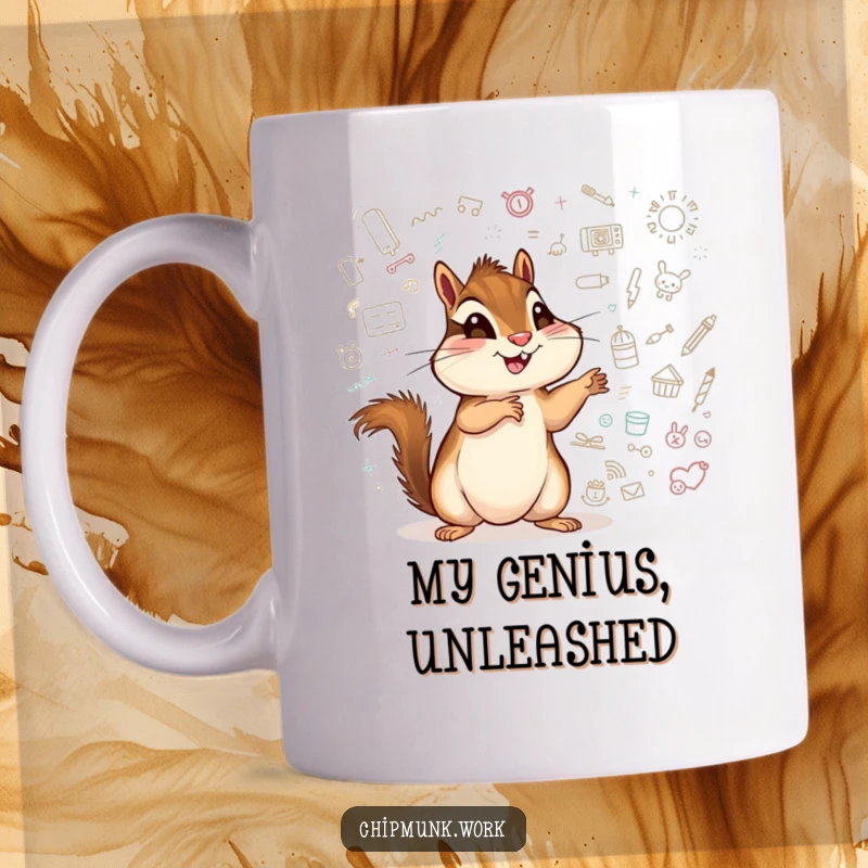 Funny chipmunk mug, an excited creature pointing at a whiteboard filled with colorful doodles.