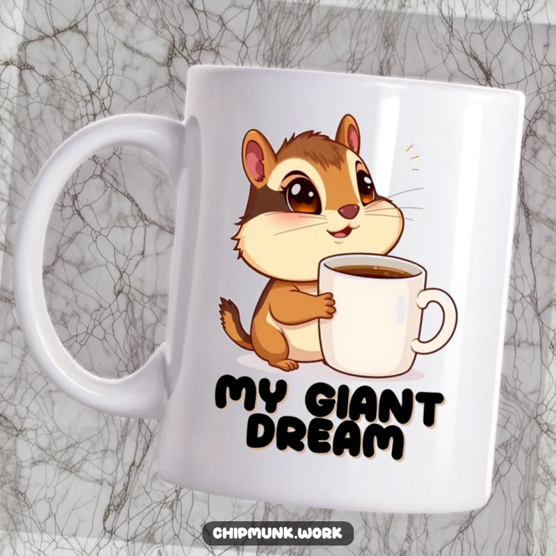 Funny chipmunk with wide eyes staring in awe at a large coffee mug, adorning a funny mug.