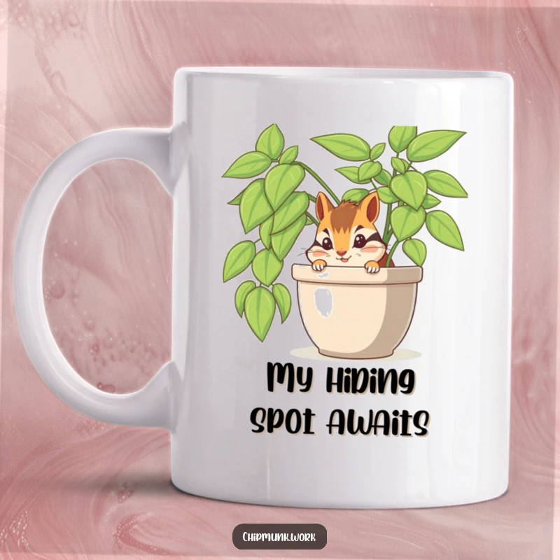 Funny chipmunk peeking curiously from behind a large, leafy office plant, bringing a smile to any desk.