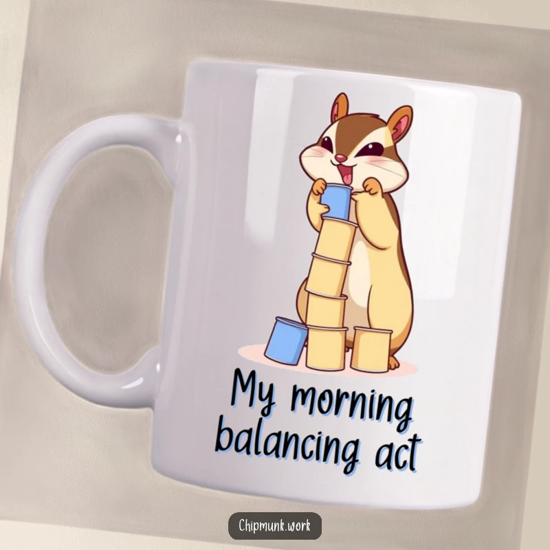 Funny chipmunk mug stacking a precarious tower of tiny paper cups with intense concentration and a goofy grin.