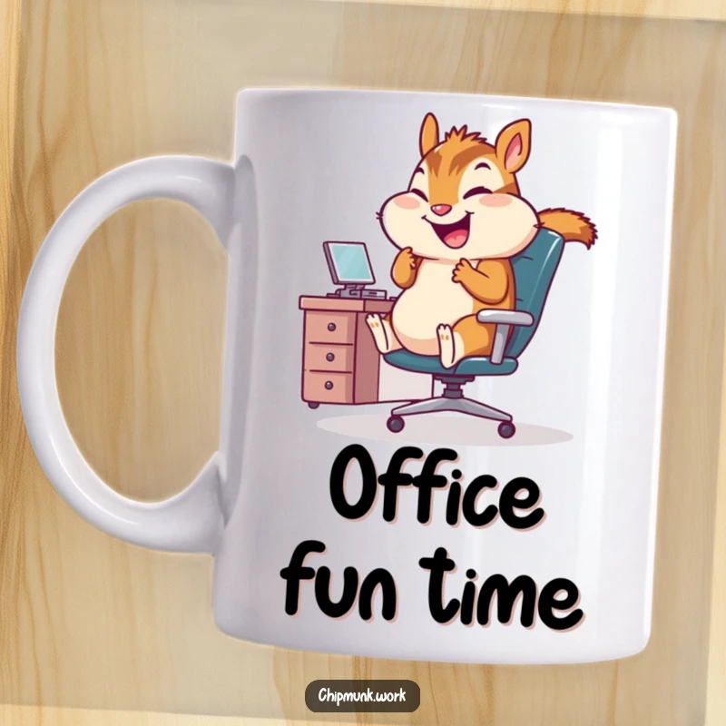 Funny Office Chipmunk Mug: Cheerful chipmunk giggling while spinning wildly in a tiny office chair, embodying workplace fun and stress relief.