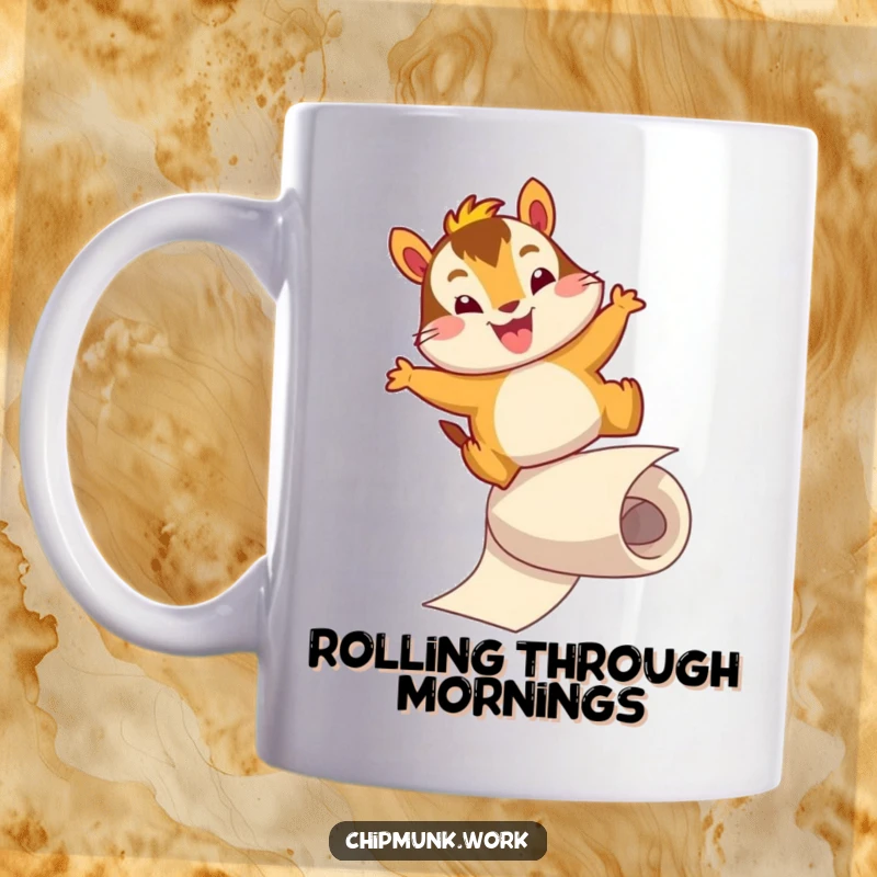 Funny mug with a cheerful chipmunk character energetically sliding down a roll of paper with a joyful leap. A humorous and active scene.