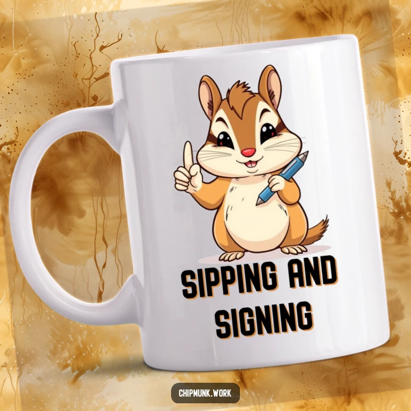 Funny peace sign chipmunk mug with a chipmunk holding a pen jauntily, perfect funny gift for writers.