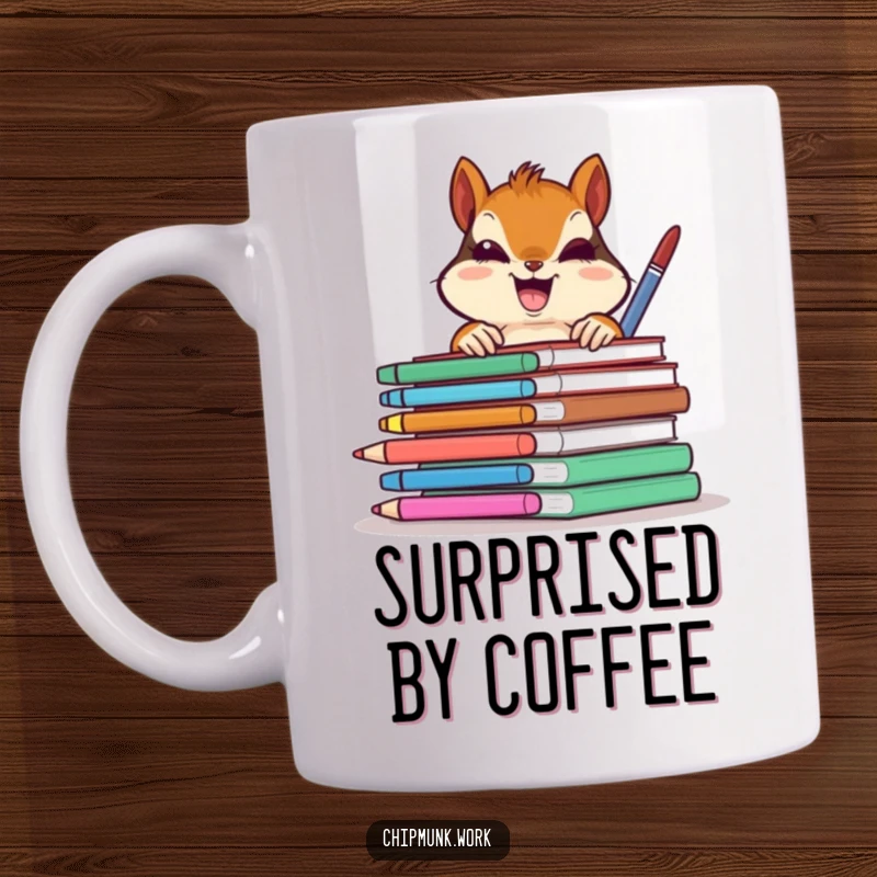 Funny chipmunk gleefully peeking from behind a stack of colorful office supplies, depicted on a humorous mug.