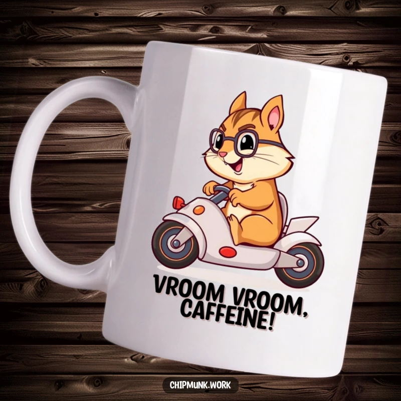 Funny chipmunk in a racing stance, riding a swivel office chair like a race car, perfect for coffee lovers.
